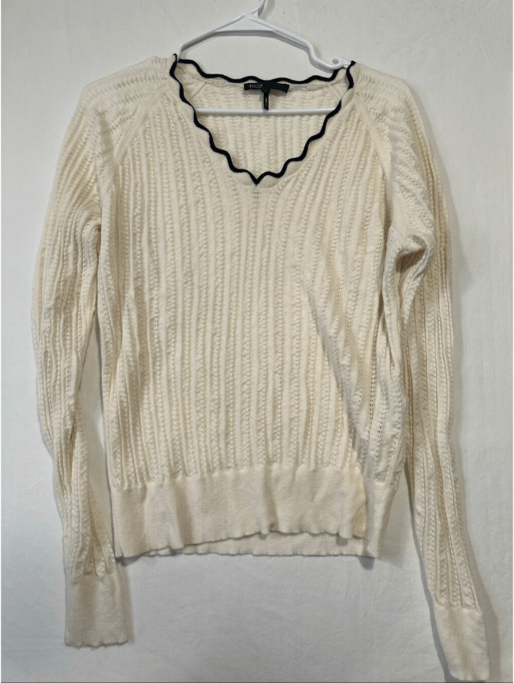 Maje textured cream & black border wool blend sweater, size 3 (Large)